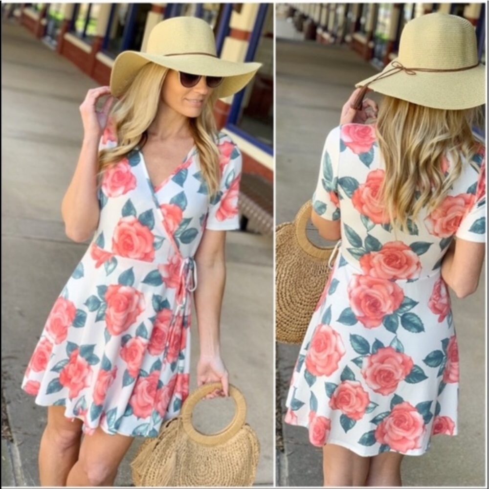 Ivory Floral Faux-Wrap Dress M, L - Picture 2 of 2